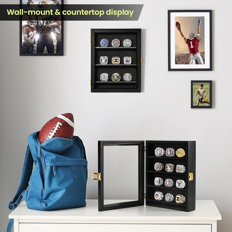 TJMOREE Championship Ring Display Case, 12 Ring Posts Baseball Ring Display Case, 8 x 10 Wall Mount Wooden Glass Shadow Box - Black - Image 5